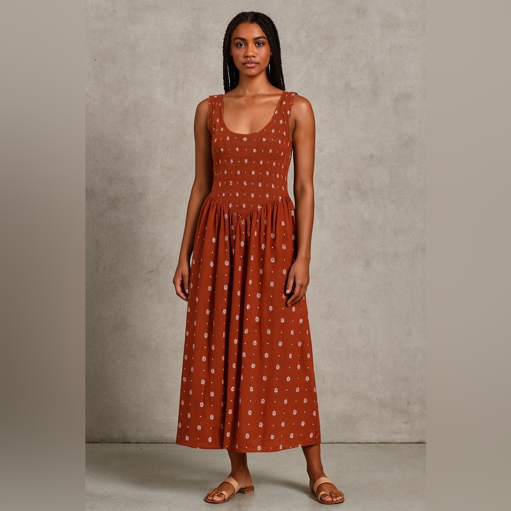 Wayf Rust Floral Midi Dress